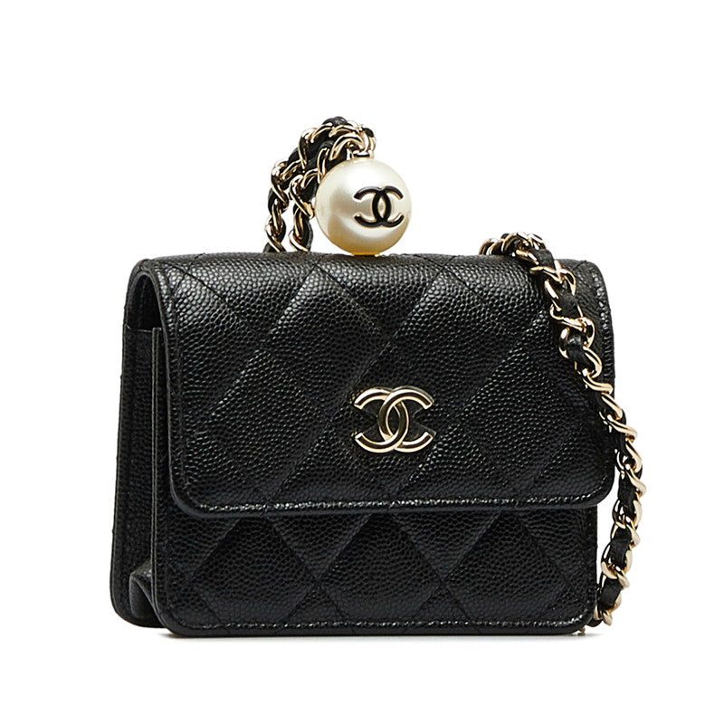 Chanel Matrases Cocono mark Fake Pearl Chain CoinPars Card Case Black Caviar   CHANEL