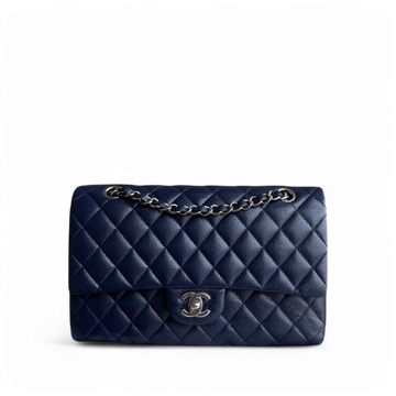 Chanel Classic Flap Medium - Togo/epsom/caviar/clemence/callfskin/cowhide/lambskin 25CM Quilted Dark Blue Silver Hardware Series 19