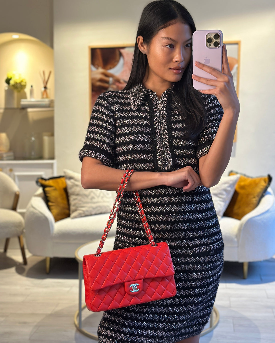 Pearl Street Bags Chanel Scarlet Red Medium Classic Double Flap Bag in Lambskin Leather with Silver Hardware