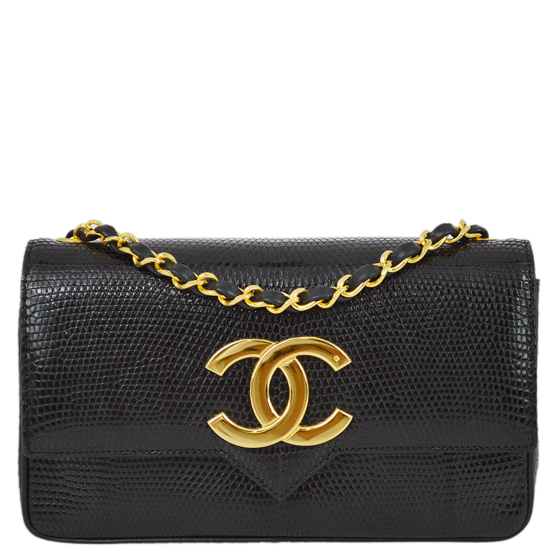 Chanel 1989-1991 Black Lizard Chain Shoulder Bag
