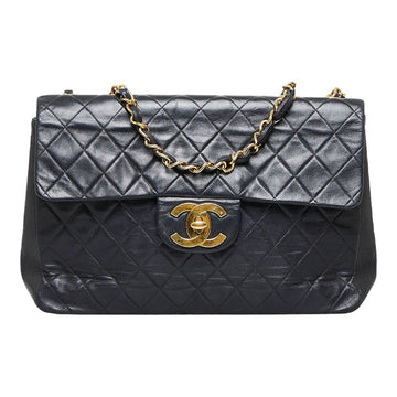Chanel Deca Flap Shoulder Bag Black Lambskin Ladies