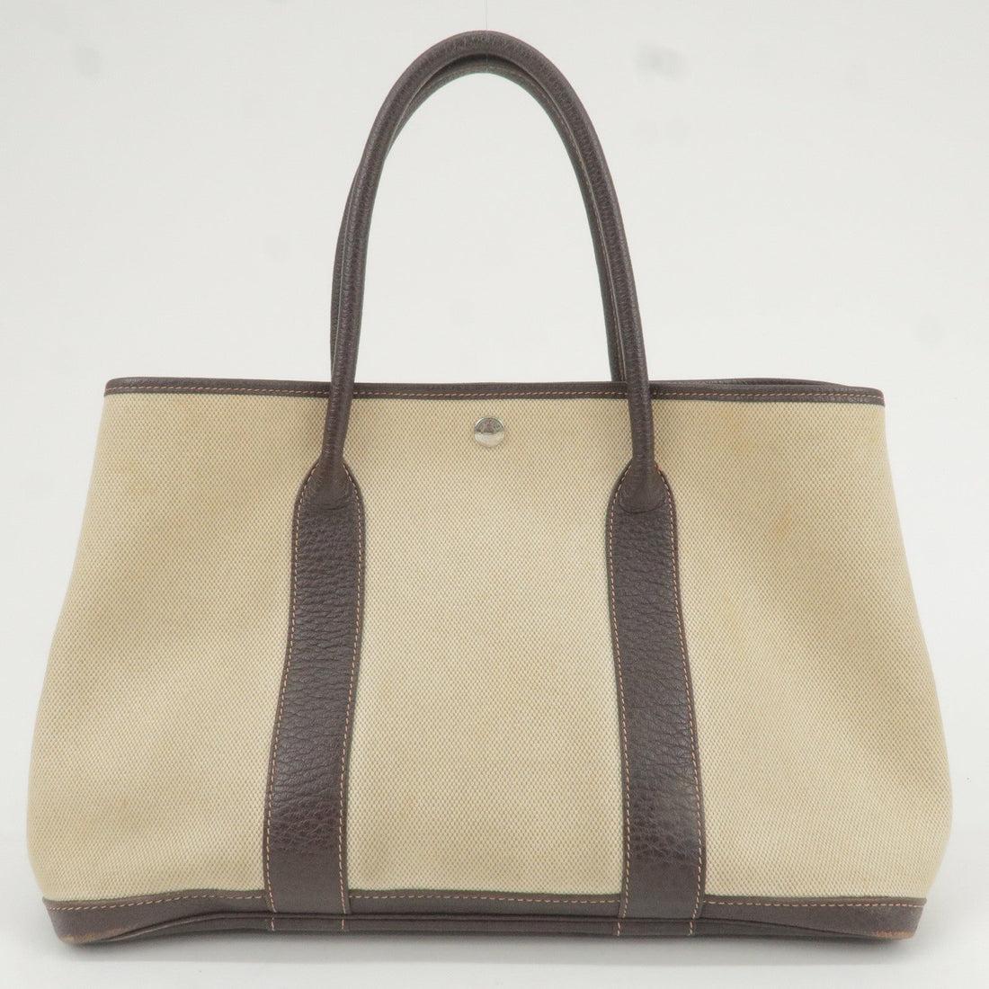 HERMES Canvas Leather Garden Party PM Tote Bag Beige G Stamp