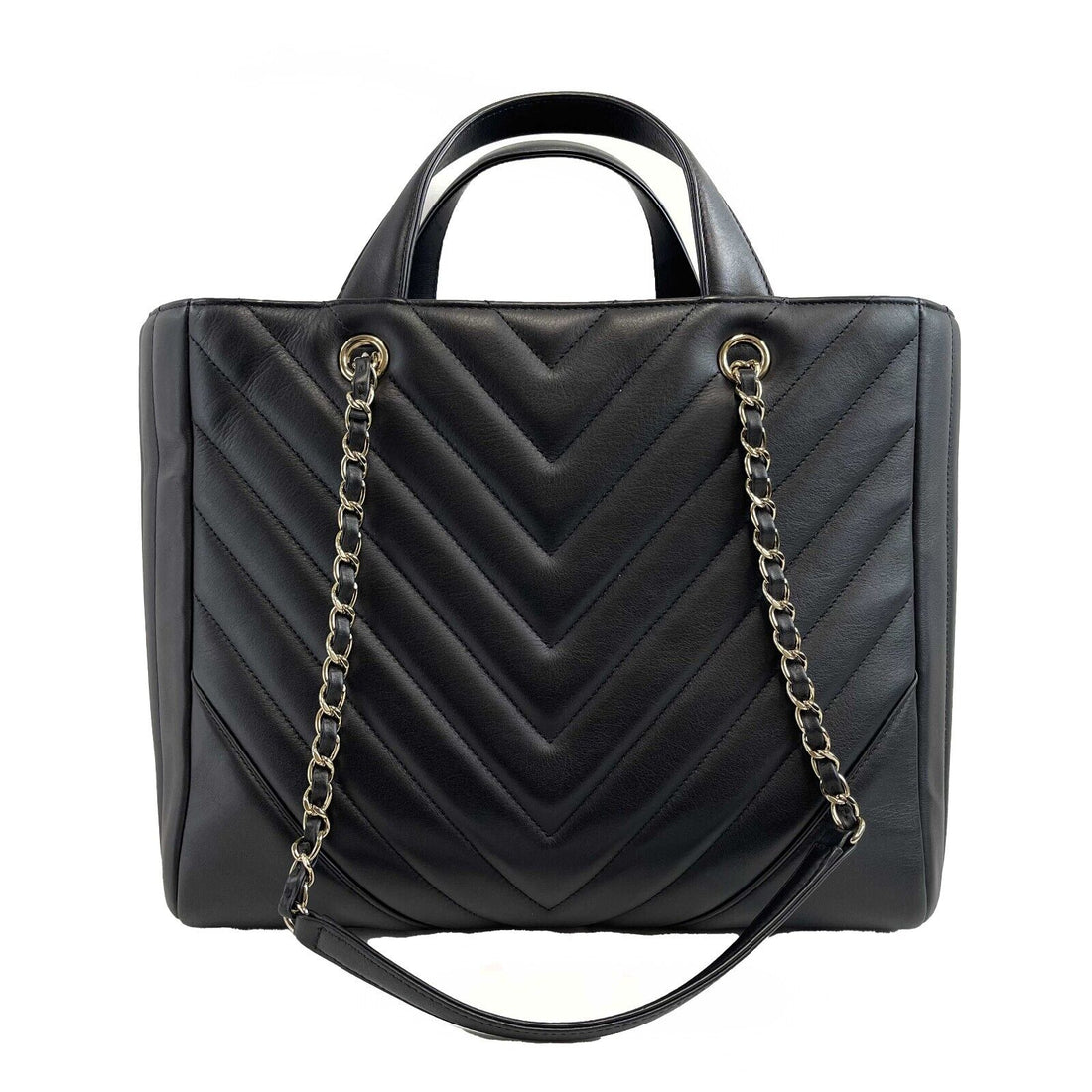 Top Quality Chanel - Large Shopping Tote Black Chevron Leather CC Tote w/ Shoulder Strap