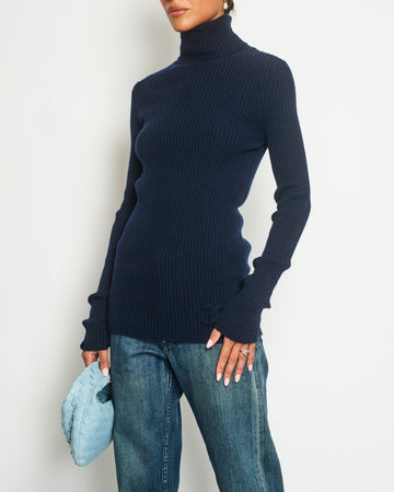 Pearl Street Bags Chanel Navy Ribbed Cashmere Roll Neck Long Sleeve Jumper with CC Logo Detail FR 36 (UK 8)