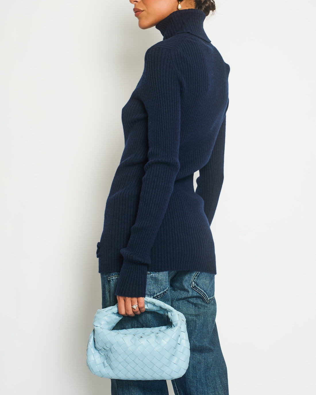 Pearl Street Bags Chanel Navy Ribbed Cashmere Roll Neck Long Sleeve Jumper with CC Logo Detail FR 36 (UK 8)