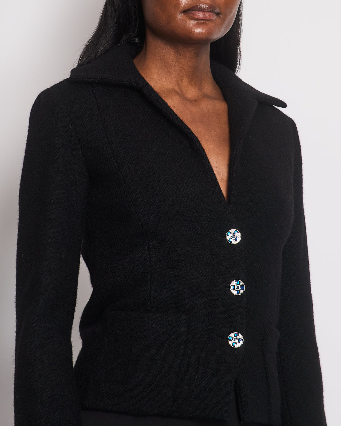 Pearl Street Bags Chanel Black Wool Blazer with Silver and Blue Button Detail Size FR 34 (UK 6)