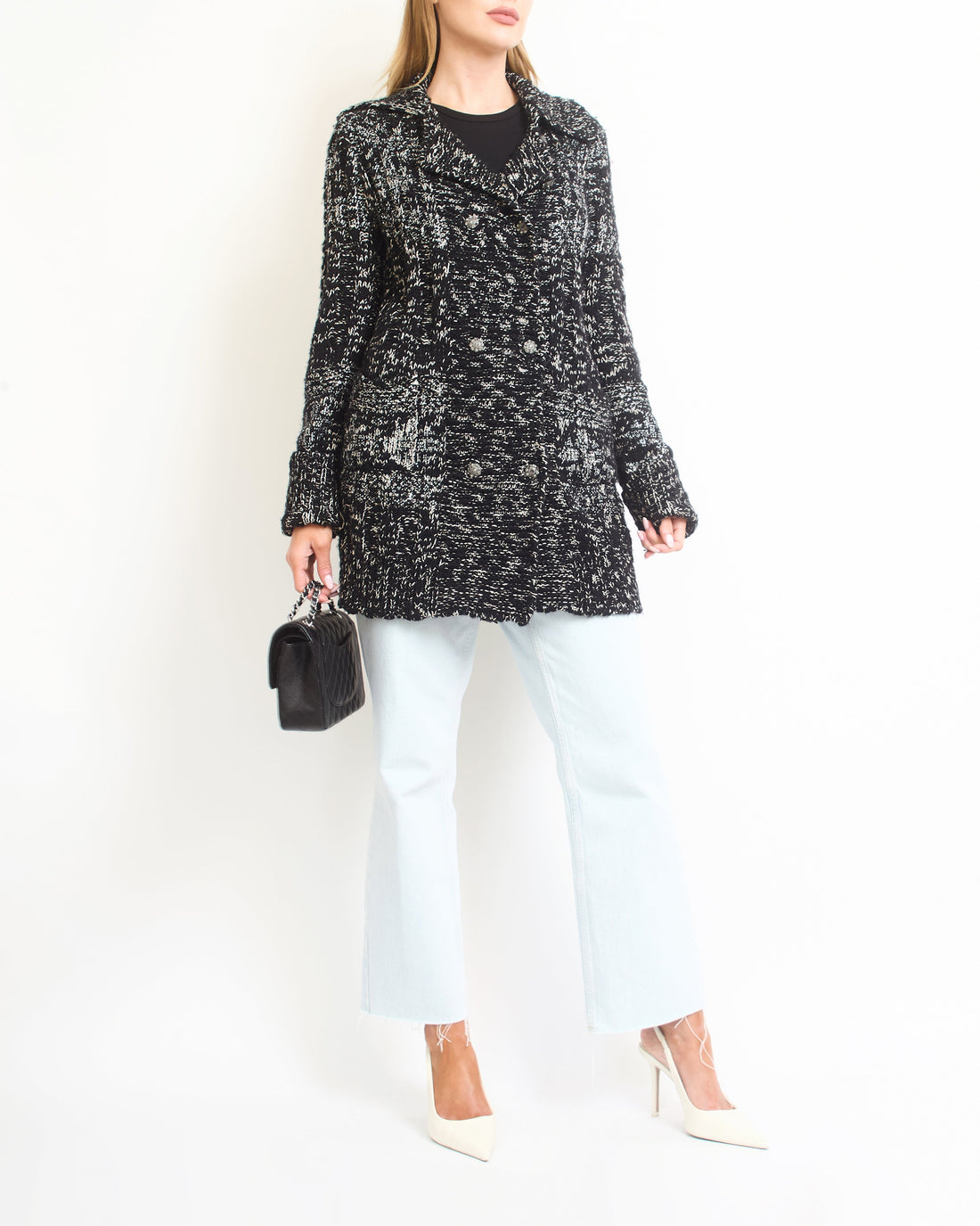 Pearl Street Bags Chanel Black Wool Cashmere Long igan with Crystal Embellishments and Crystal Buttons Size FR 36 (UK 8)