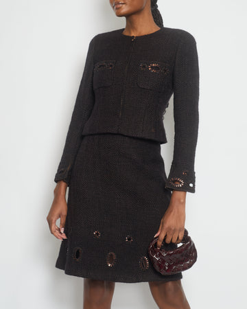 Pearl Street Bags Chanel 00/A Brown Eyelet Tweed Jacket with Matching Skirt Set Size 36 (UK 8)