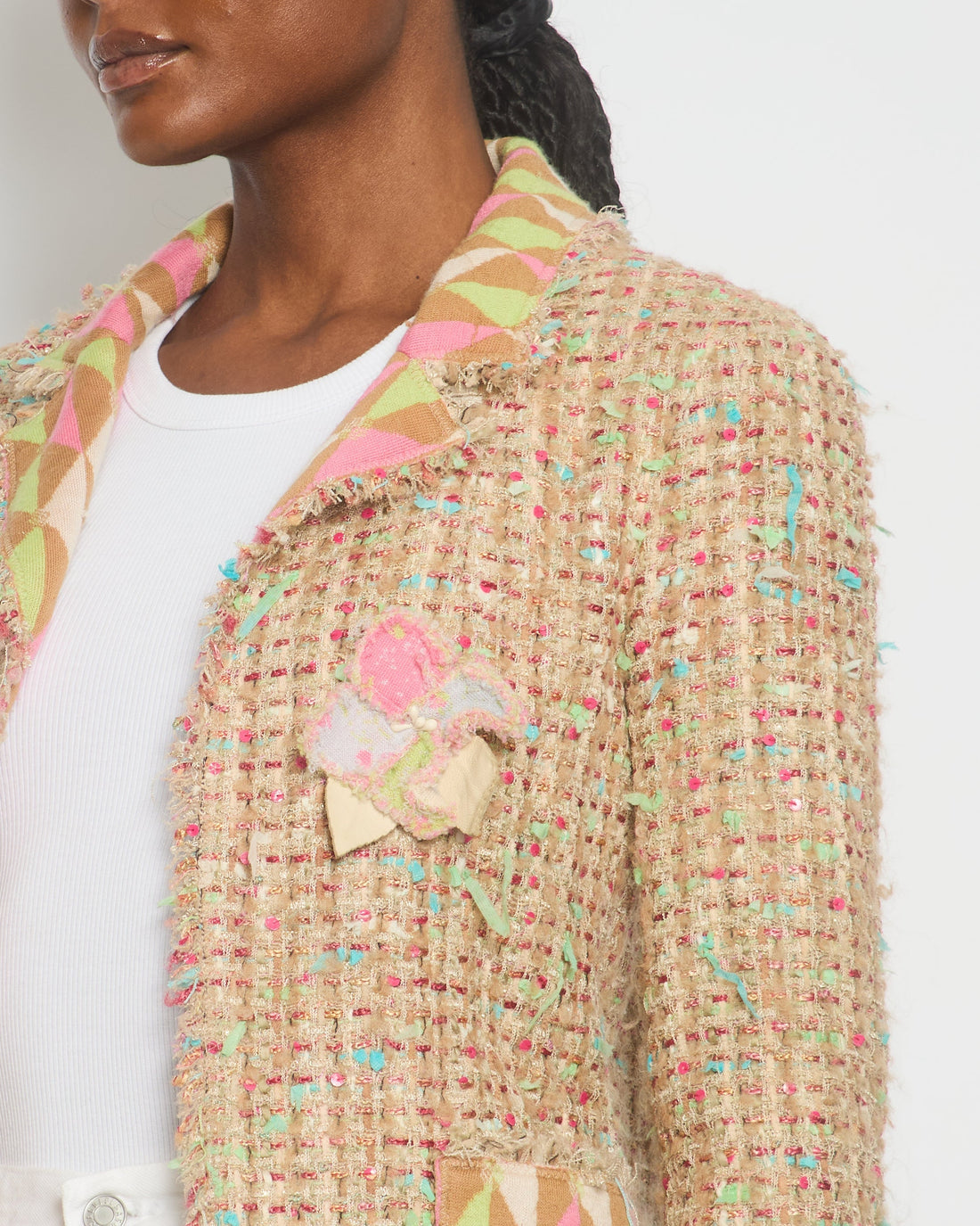 Pearl Street Bags Chanel Pink, Cream Tweed Jacket with Sequin & Camelia Flower Brooch Detail Size FR 36 (UK 8)