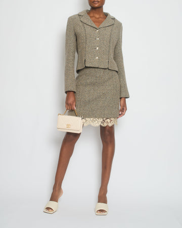 Pearl Street Bags Chanel 03/A Cream, Brown Check Tweed Jacket with Matching Skirt Set Lace Trim Size FR 44 (UK 16)
