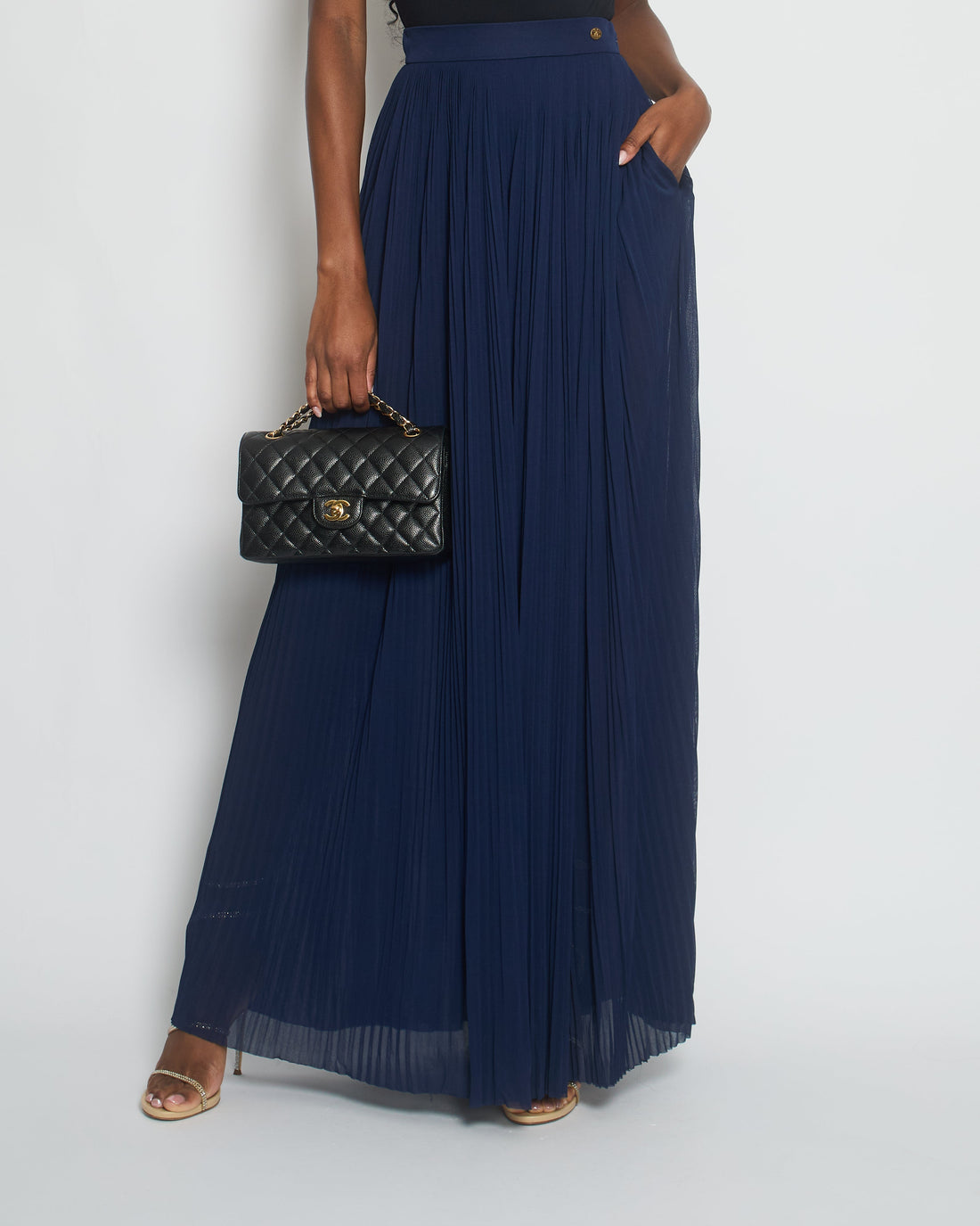 Pearl Street Bags Chanel Navy Pleated High-Waist Trors with CC Button Detail Size FR 34 (UK 6)