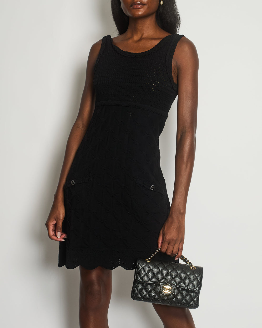 Pearl Street Bags Chanel Black Sleeveless Mini Dress with Cut-Out and Pockets with CC Buttons Detail Size FR 40 (UK 12)