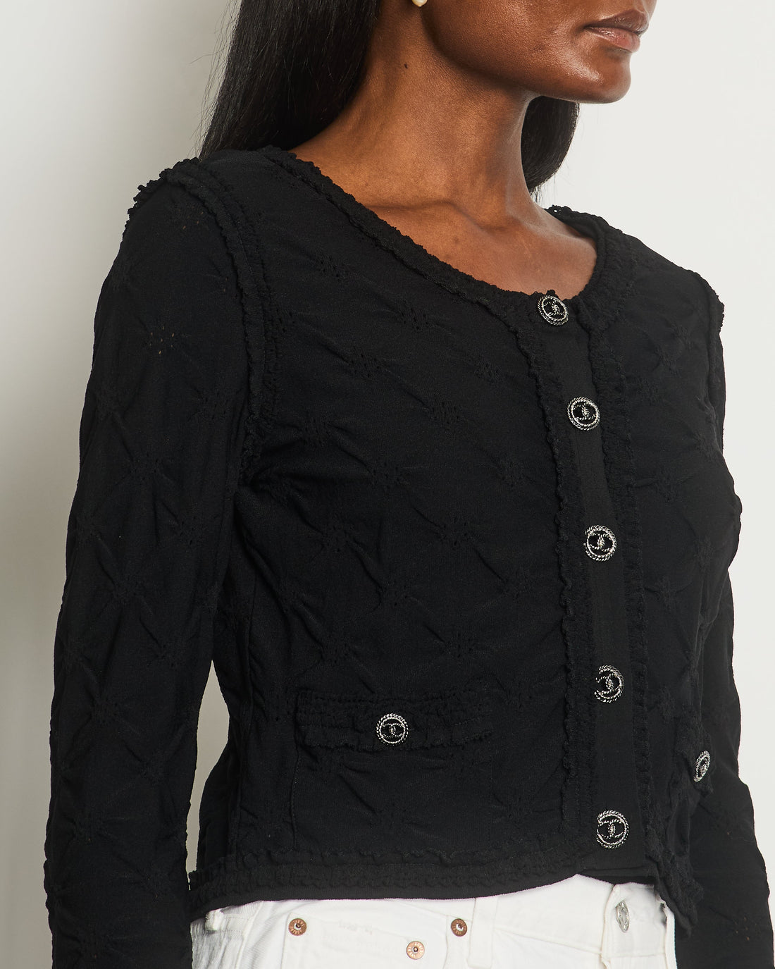 *HOT* Pearl Street Bags Chanel Black Stretch-Jersey igan with Ruthenium CC Buttons Detail Size FR 40 (UK 12)