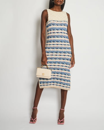 Pearl Street Bags Chanel 15C Pink, Blue & Cream Crochet Midi Dress With Metallic Thread Detail and Decorative Buttons Size FR 40 (UK 12)