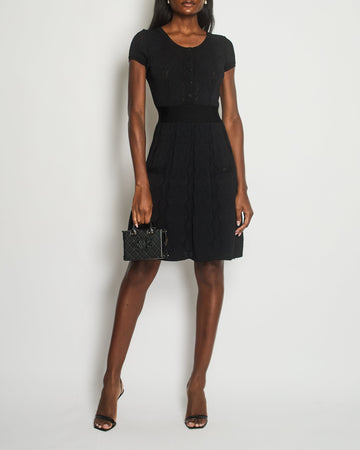 Pearl Street Bags Chanel Black Short-Sleeve Knitted Crochet Knitted Dress with Black Crystal CC Buttons Size FR 40 (UK 12)