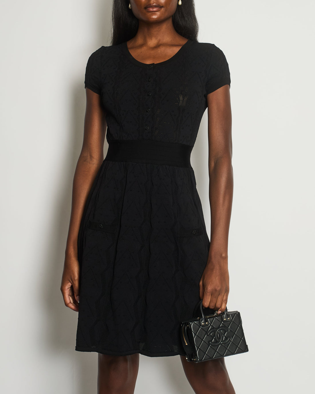 Pearl Street Bags Chanel Black Short-Sleeve Knitted Crochet Knitted Dress with Black Crystal CC Buttons Size FR 40 (UK 12)