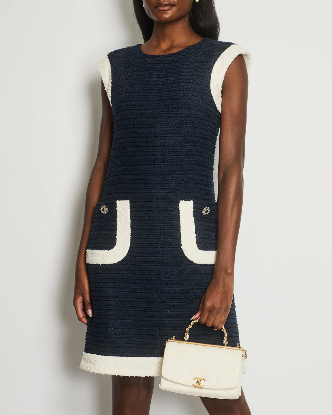 Pearl Street Bags Chanel Navy, White Tweed Dress with Pocket Detail Size FR 38 (UK 10)