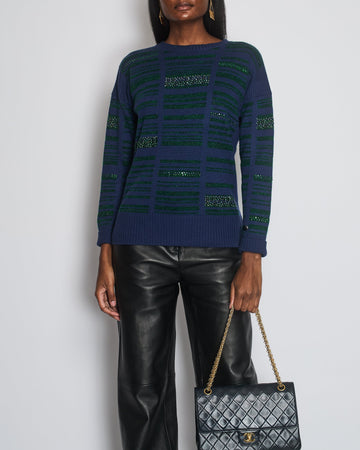 Pearl Street Bags Chanel Navy Cashmere Long-Sleeve Jumper with Green Sequin Embellishments Size FR 36 (UK 8)