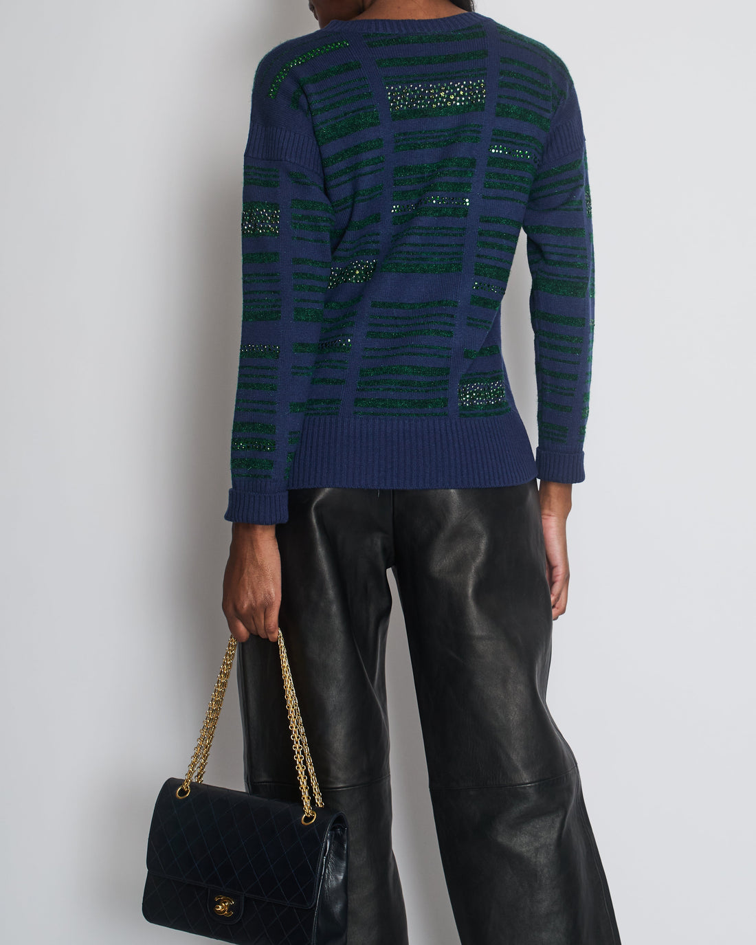 Pearl Street Bags Chanel Navy Cashmere Long-Sleeve Jumper with Green Sequin Embellishments Size FR 36 (UK 8)