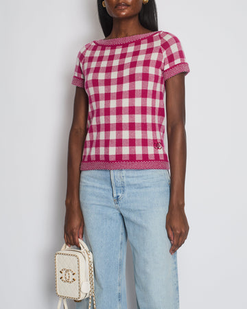 Pearl Street Bags Chanel Pink and White Gingham Cashmere Short-Sleeve Top with CC Logo Size FR 38 (UK 10)