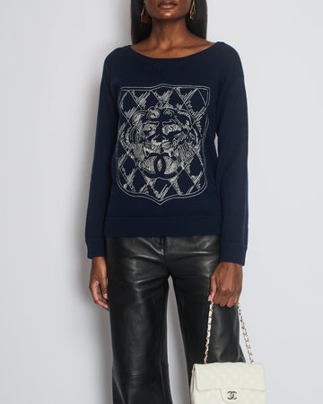 Pearl Street Bags Chanel Navy Cashmere Long-Sleeve Jumper with White CC Logo Embroidery Size FR 38 (UK 10)