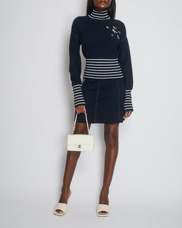 *HOT* Pearl Street Bags Chanel Airline Collection Navy Cashmere Jumper and Mini Skirt Set with Silver Logo Airplane Appliqu?©s Size FR 38 (UK 10)