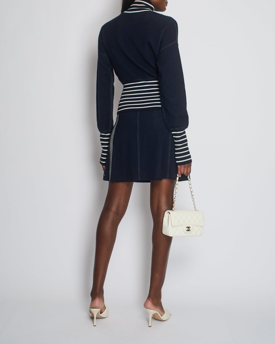 *HOT* Top Quality Chanel Airline Collection Navy Cashmere Jumper and Mini Skirt Set with Silver Logo Airplane Appliqu?©s Size FR 38 (UK 10)