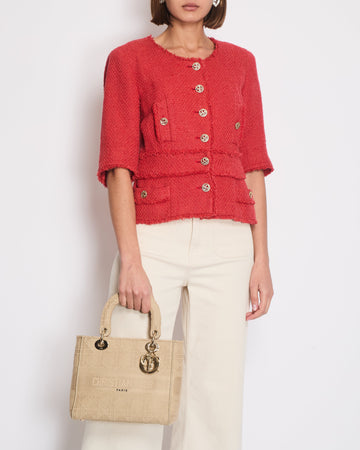 Pearl Street Bags Chanel Coral Red Tweed Mid-Sleeve Jacket with Bird-Detailed Gold CC Logo Buttons Size FR 40 (UK 12)