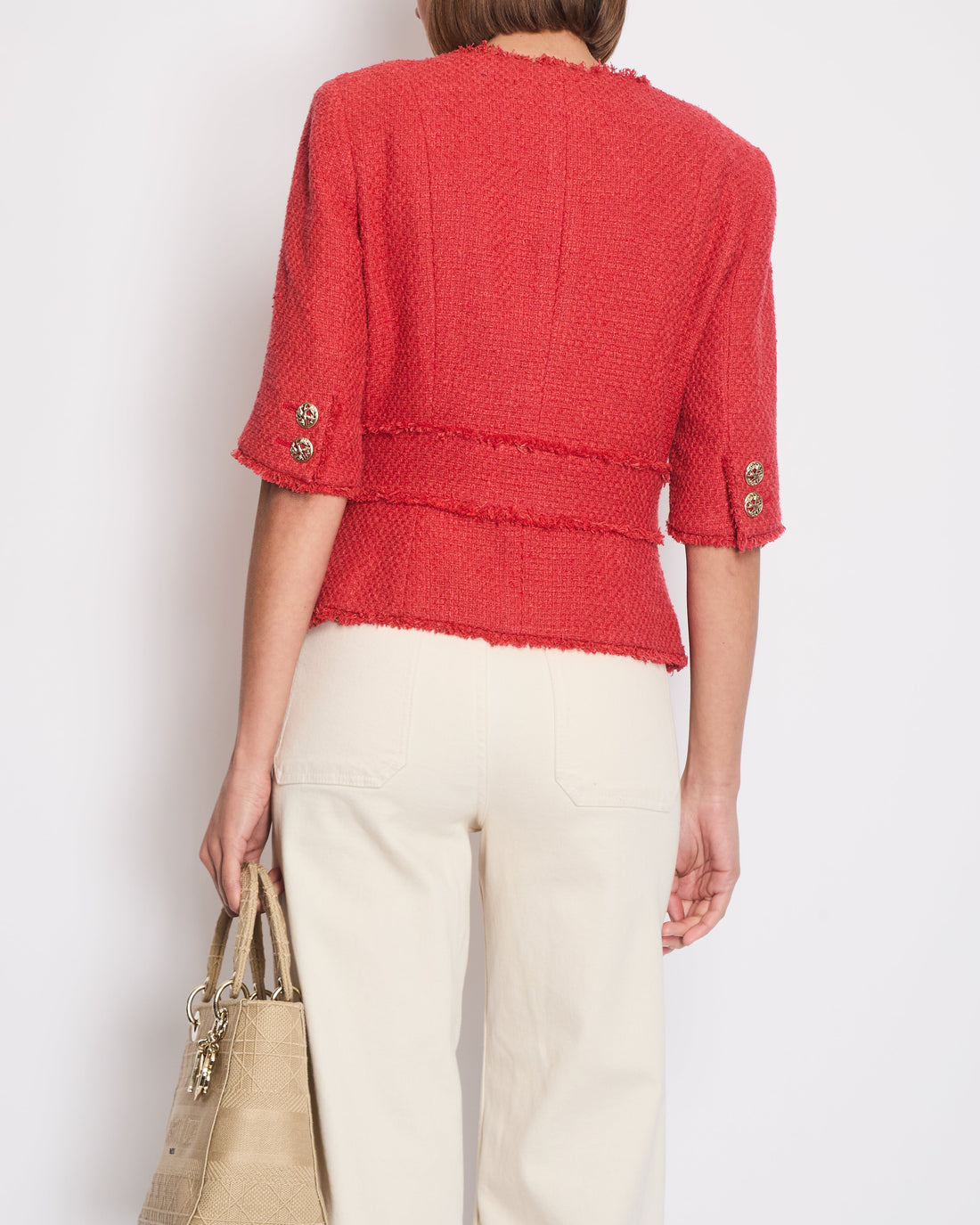 Pearl Street Bags Chanel Coral Red Tweed Mid-Sleeve Jacket with Bird-Detailed Gold CC Logo Buttons Size FR 40 (UK 12)