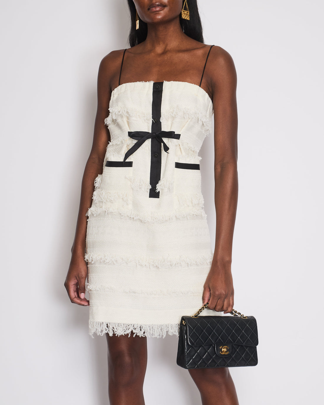 Pearl Street Bags Chanel Cream Tweed Mini Dress with Tulle Frayed Details and Black Crystal Star Buttons Size FR 40 (UK 12)
