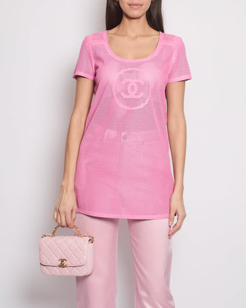 Pearl Street Bags Chanel Pink Lambskin Leather Perforated Short-Sleeve Tunic Top with CC Logo Size FR 36 (UK 8)