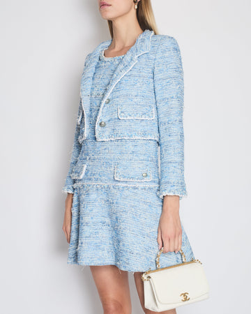 *HOT* Pearl Street Bags Chanel 12K Blue Tweed Jacket and Tiered Sleeveless Dress with Pocket Detail Set Size FR 36 (UK 8)