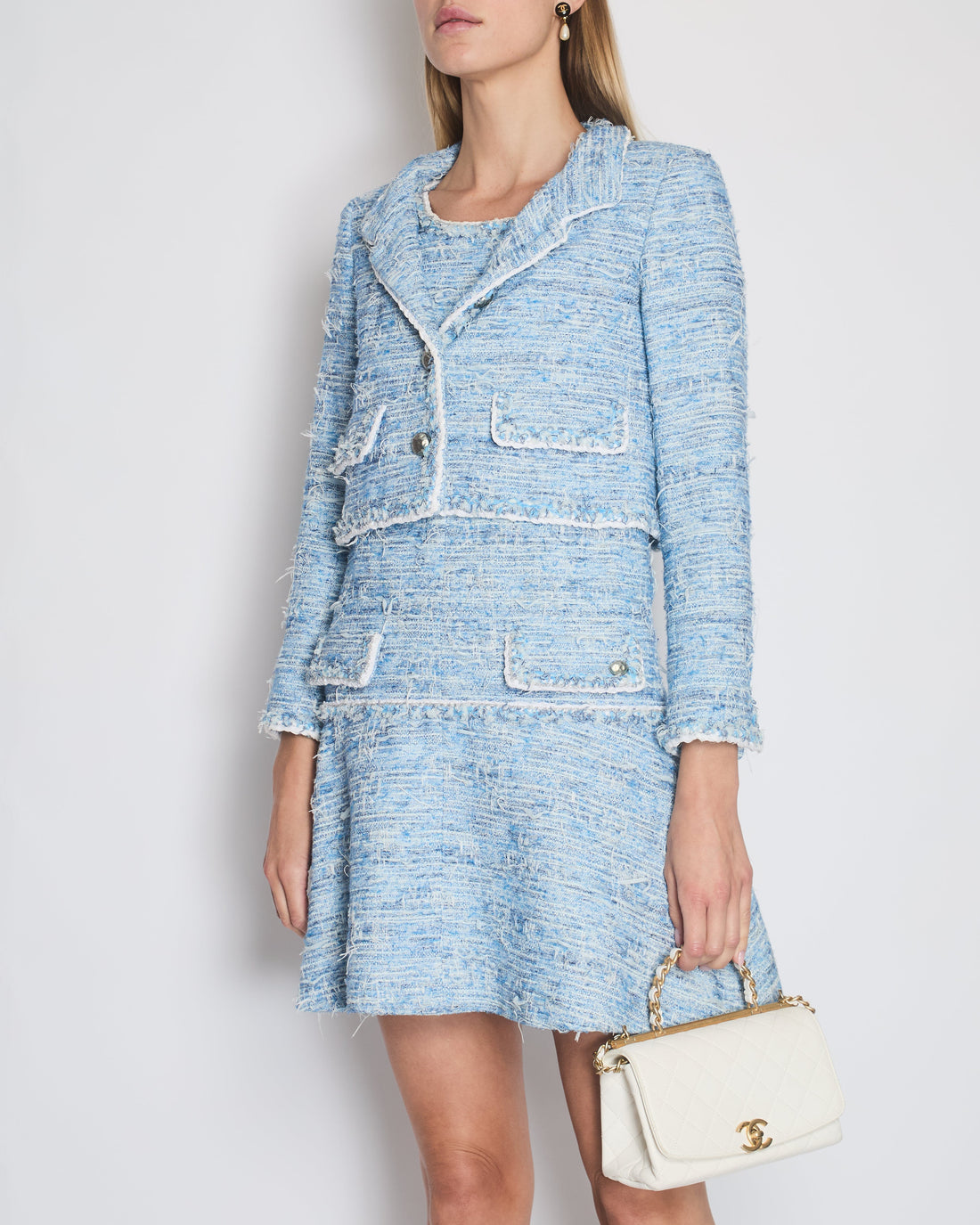 *HOT* Pearl Street Bags Chanel 12K Blue Tweed Jacket and Tiered Sleeveless Dress with Pocket Detail Set Size FR 36 (UK 8)