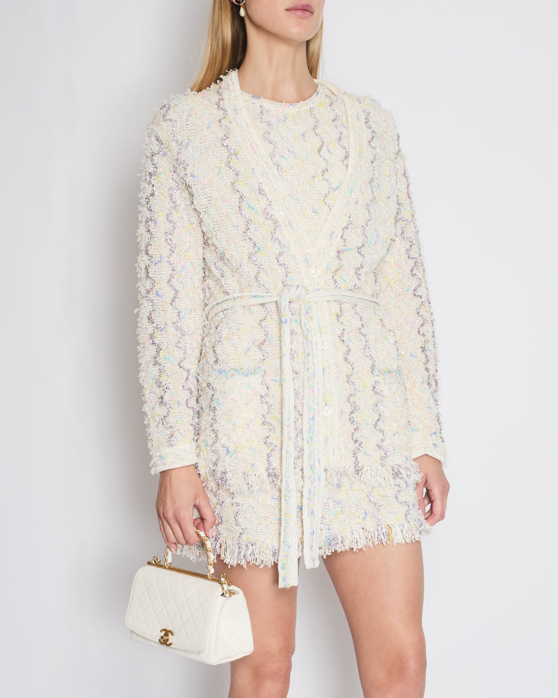 Pearl Street Bags Chanel 24C Cream Long Line Belted igan with Metallic & Multi-Colour Threads and Sequins Detail Size FR 36 (UK 8)