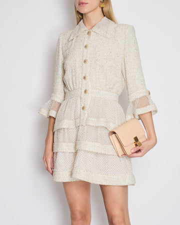 *RUNWAY* Pearl Street Bags Chanel Spring/Summer 2020 Beige Long Sleeve Dress with Mesh Polkadot & CC Buttons Details Size FR 36 (UK 8)