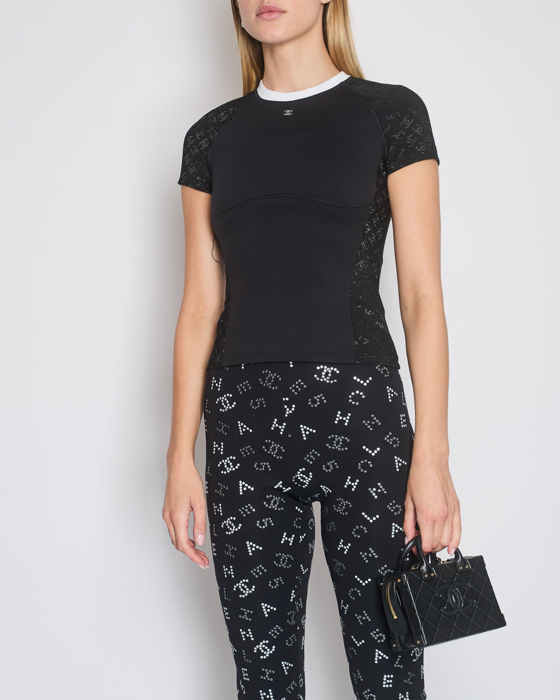 *HOT* Pearl Street Bags Chanel 24C Black Scuba Top with Metallic & Crystal CC Logo Details Size FR 36 (UK 8)