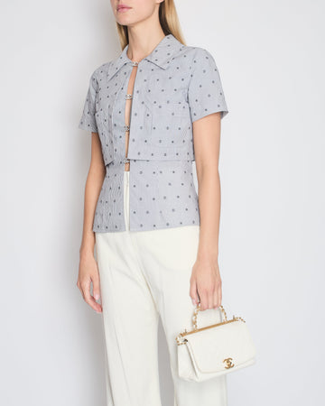 *HOT* Pearl Street Bags Chanel Spring/Summer 2024 Grey & White 2 Piece Striped Shirts Set with Camelia Print Details and Crystal CC Hooks. Cropped Shirt Size FR 36 (UK 8) Long Shirt Size FR 38 (UK 10)