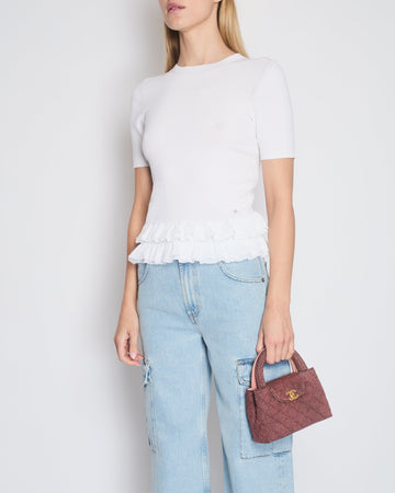 Pearl Street Bags Chanel White Short Sleeve Knit Top with Pleated Frilled Hem with Crystal CC Logo Detail Size FR 34 (UK 6)