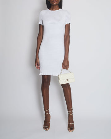 Pearl Street Bags Chanel White Short Sleeve Knit Mini Dress with Crystal CC Logo Detail Size FR 36 (UK 8)
