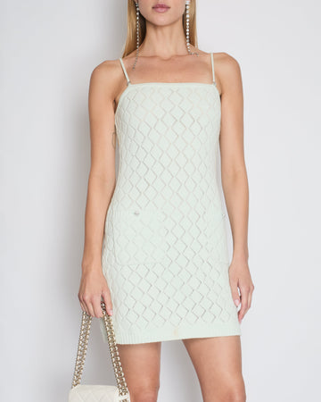 Pearl Street Bags Chanel 23S Mint Green Sleeveless Quilted Knit Dress with Crystal CC Strap & Button Detail Size FR 38 (UK 10)