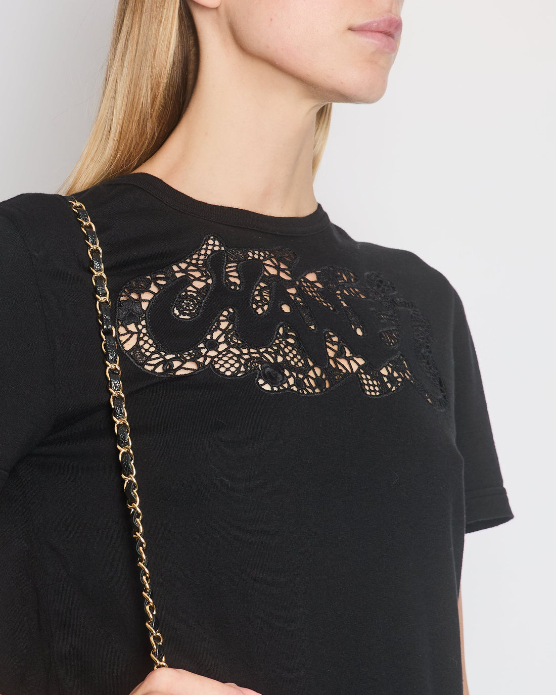 Pearl Street Bags Chanel Black Crochet Logo T-Shirt Size FR 34/36 (UK 6/8)