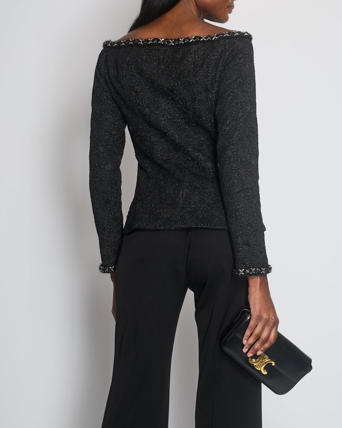Pearl Street Bags Chanel Black Off-Shoulder Embroidered Camellia Button Jacket Size FR 40 (UK 12)