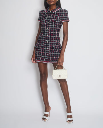 Pearl Street Bags Chanel 20S Navy & Red Tweed Short Sleeve Mini Dress With Silver Button Detail Size FR 34 (UK 6)