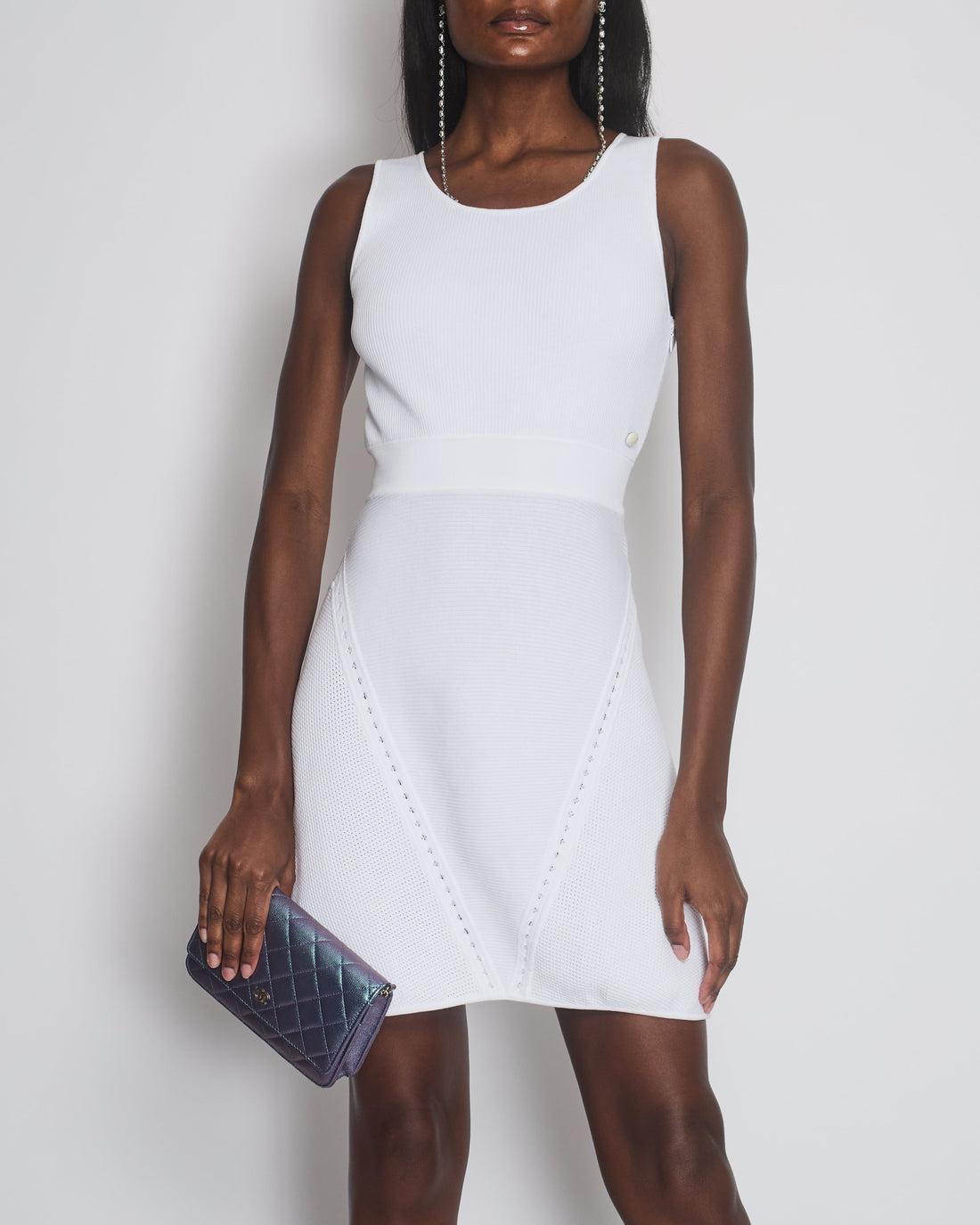 Pearl Street Bags Chanel White Sleeveless Ribbed Skater Dress with CC Logo Button Size FR 38 (UK 10)