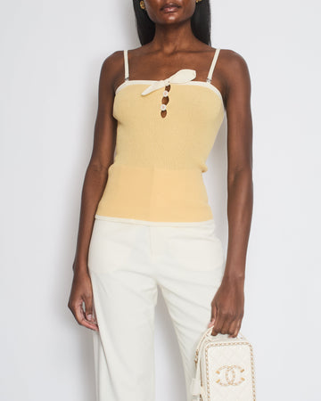 Pearl Street Bags Chanel Pastel Yellow Fine Knit Vest Top with Cream Trim, Bow and Crystal CC Detail FR 38 (UK 10)