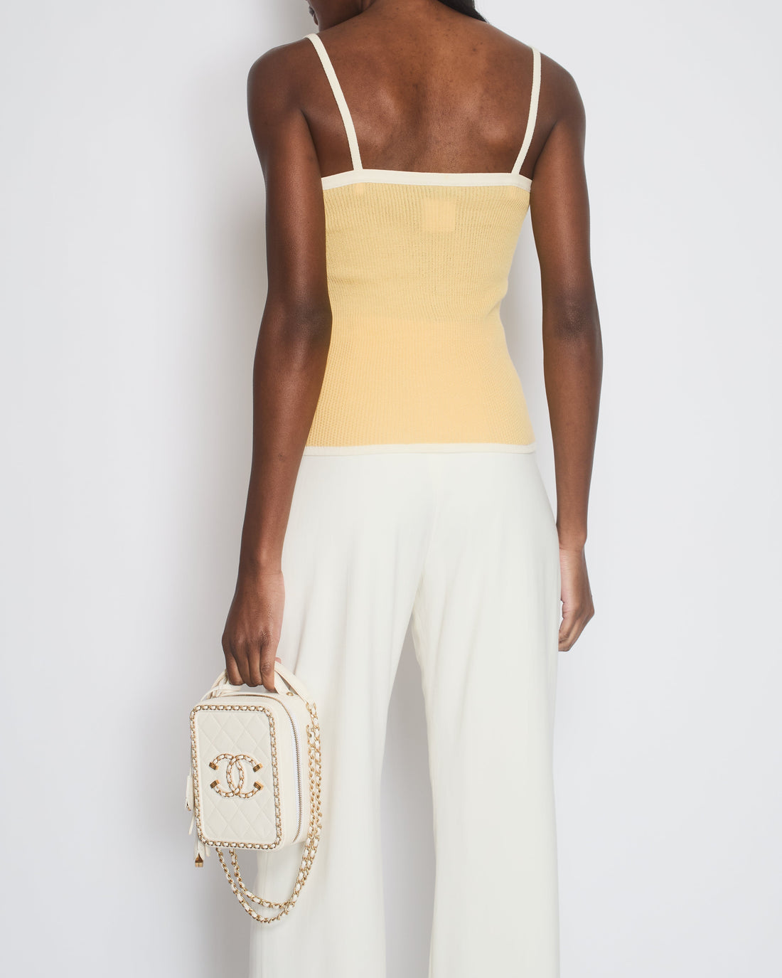 Pearl Street Bags Chanel Pastel Yellow Fine Knit Vest Top with Cream Trim, Bow and Crystal CC Detail FR 38 (UK 10)