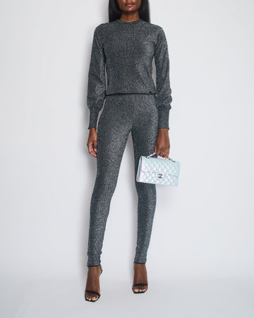 Pearl Street Bags Chanel Silver Metallic Long-Sleeve Top and Leggings Set Size FR 34/36 (UK 6/8)