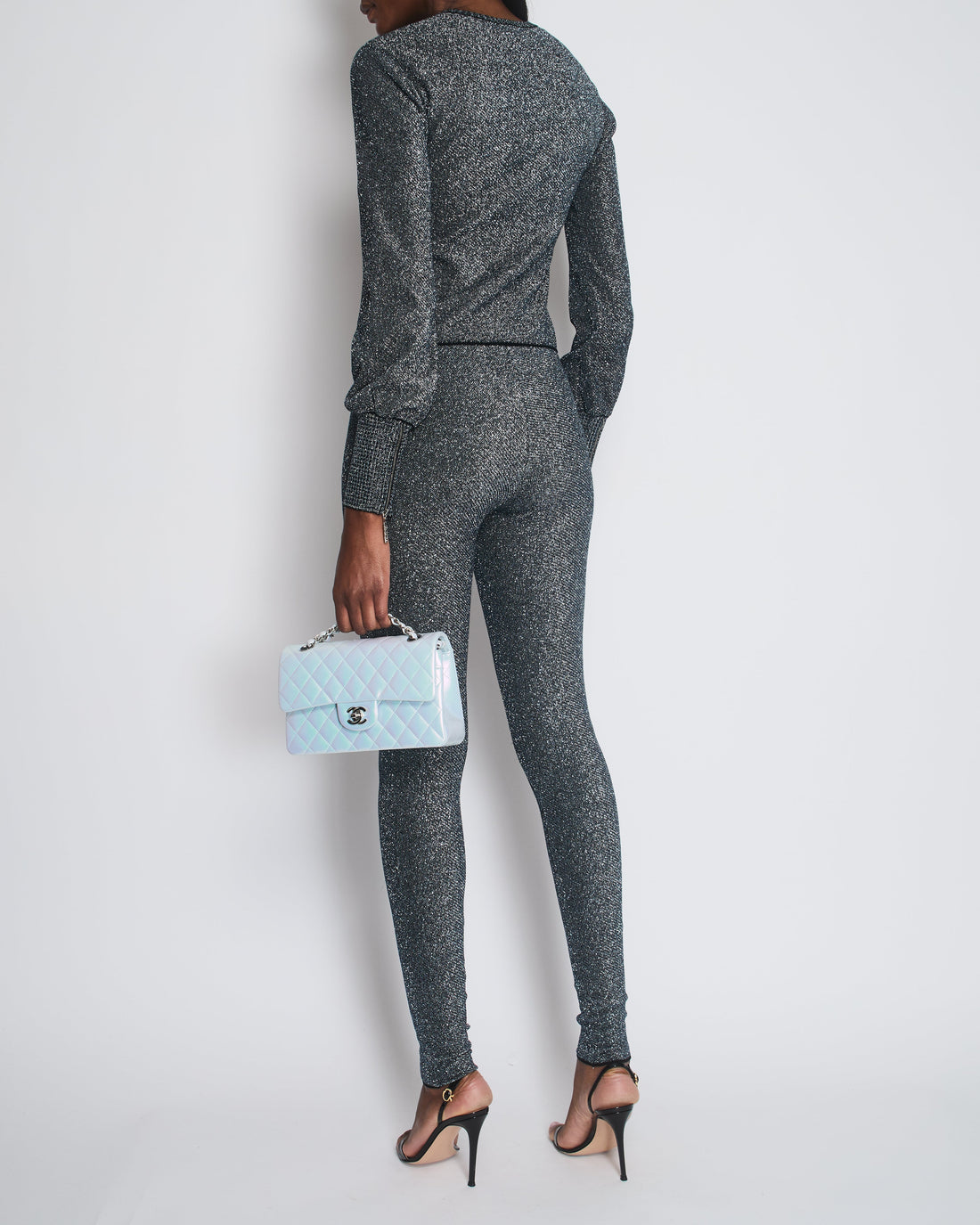 Pearl Street Bags Chanel Silver Metallic Long-Sleeve Top and Leggings Set Size FR 34/36 (UK 6/8)