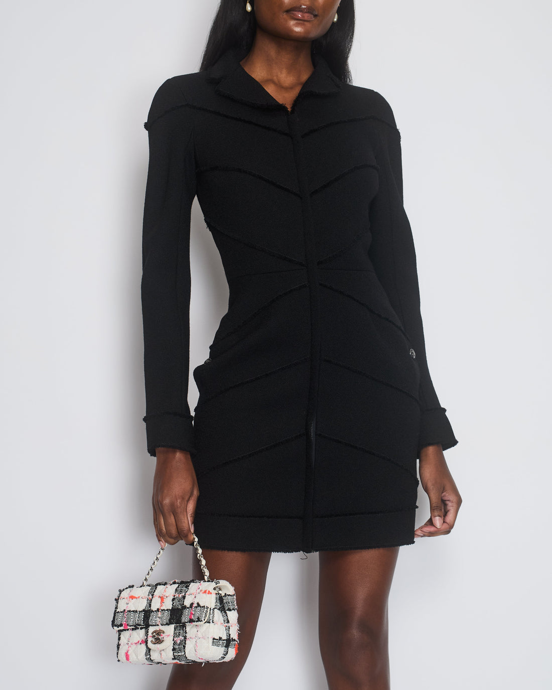 Pearl Street Bags Chanel Black Long Sleeve Mini Dress With Frayed Details & Crystal Buttons Size FR 36 (UK 8)