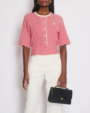 Pearl Street Bags Chanel Red Striped Quarter Sleeve Round Neck Button Down Top with CC Logo Detail Size FR 34 (UK 6)